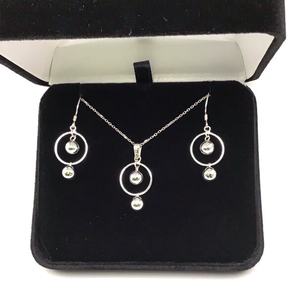 925 Sterling Silver Necklace & Earrings Set Ball Pendant 18" Dangle Hooks - Picture 5 of 11
